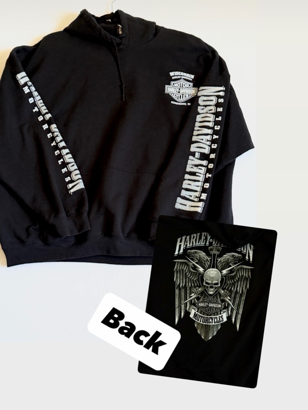 Wisconsin Harley-Davidson Lightning Crest Pullover Black Hoodie Sleeve Logos